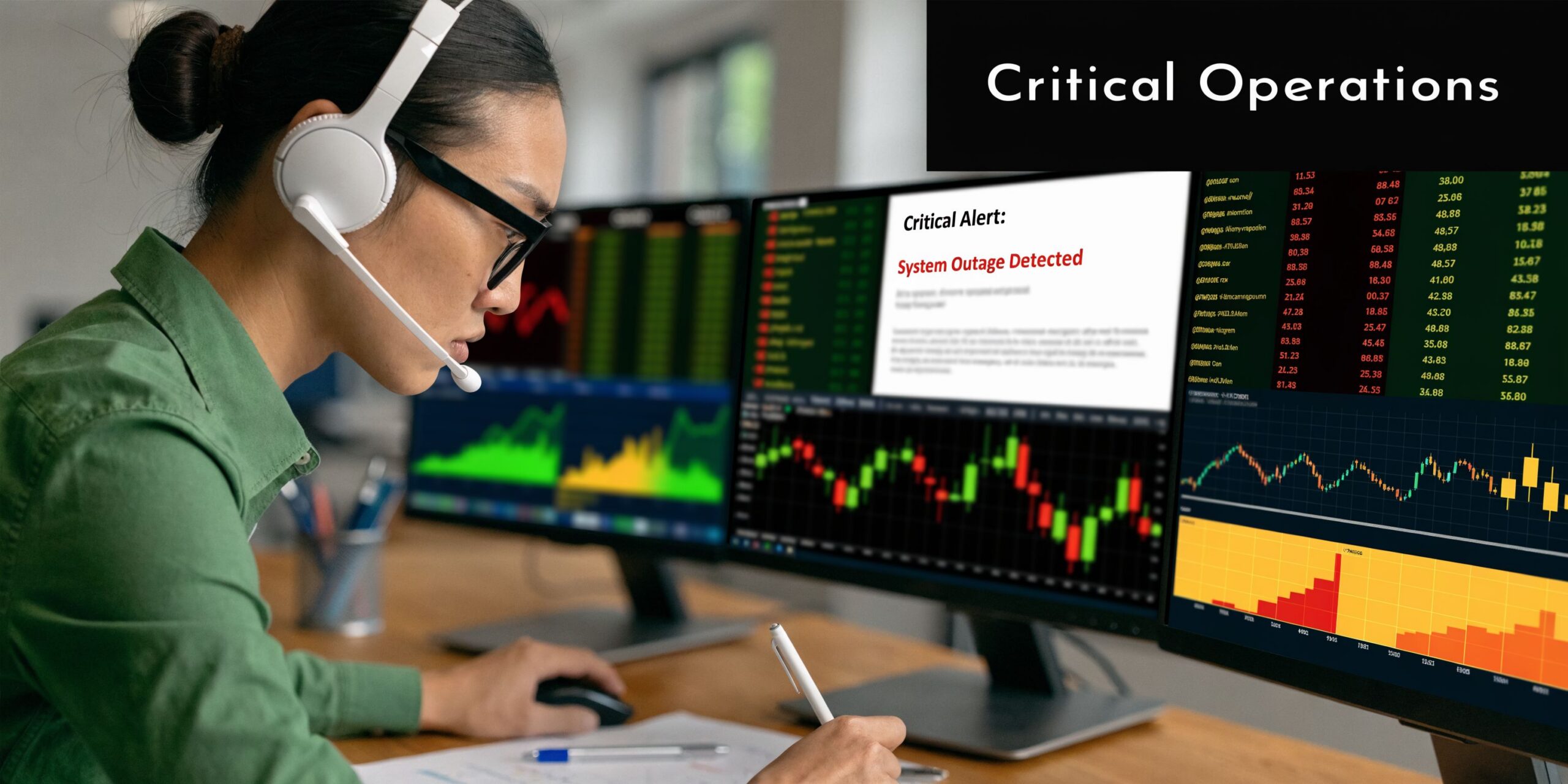 A professional IT support specialist monitoring financial data and system alerts on multiple computer screens.