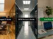 Three-panel image: left shows a modern office lounge, middle a server rack-lined data center, right a laptop on a desk with a green 'Law Firm IT' label—informing IT guides all in one visual scale-up.