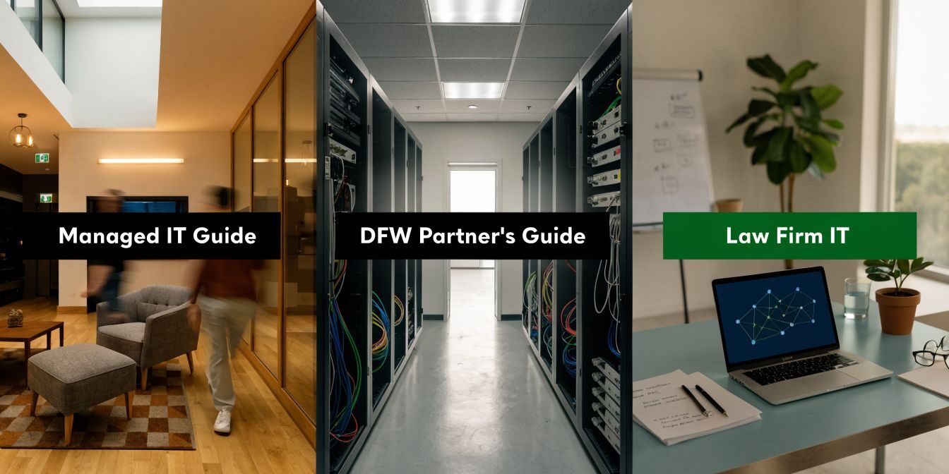 managed-it-for-law-firms-it-services Three-panel image: left shows a modern office lounge, middle a server rack-lined data center, right a laptop on a desk with a green 'Law Firm IT' label—informing IT guides all in one visual scale-up.