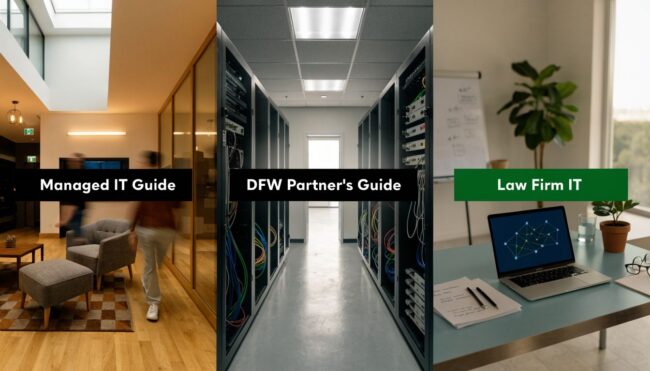 Three-panel image: left shows a modern office lounge, middle a server rack-lined data center, right a laptop on a desk with a green 'Law Firm IT' label—informing IT guides all in one visual scale-up.