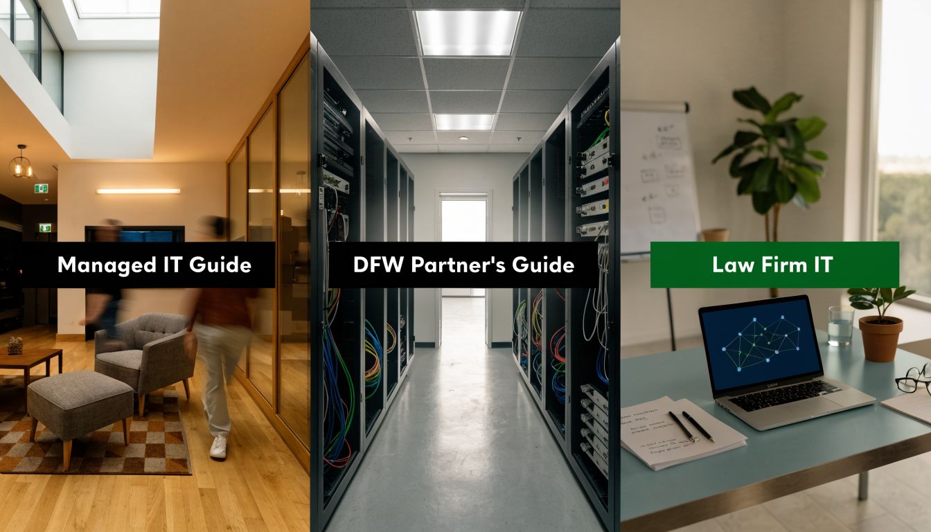 Three-panel image: left shows a modern office lounge, middle a server rack-lined data center, right a laptop on a desk with a green 'Law Firm IT' label—informing IT guides all in one visual scale-up.