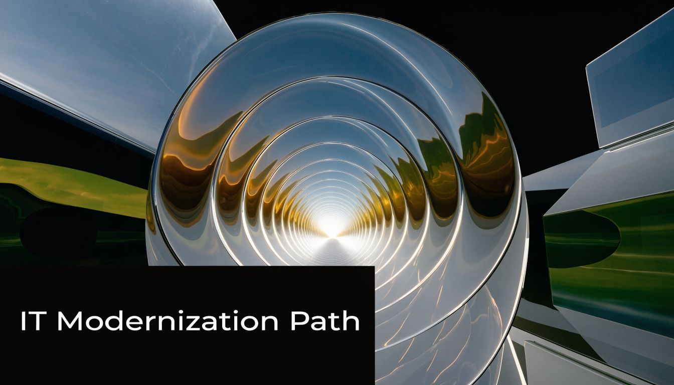 An abstract, metallic tunnel leading to a bright light representing the IT modernization path journey.