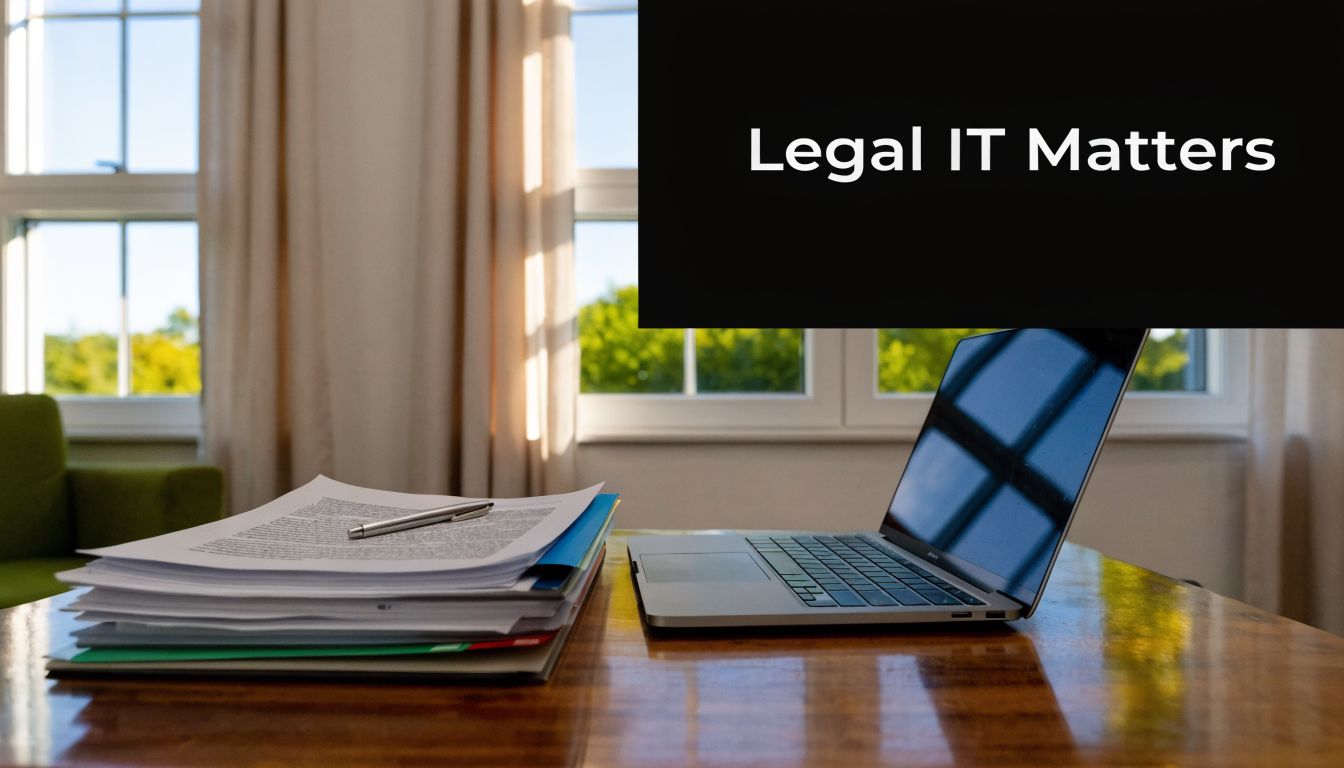 A laptop and a stack of legal documents on a wooden desk near a bright office window.