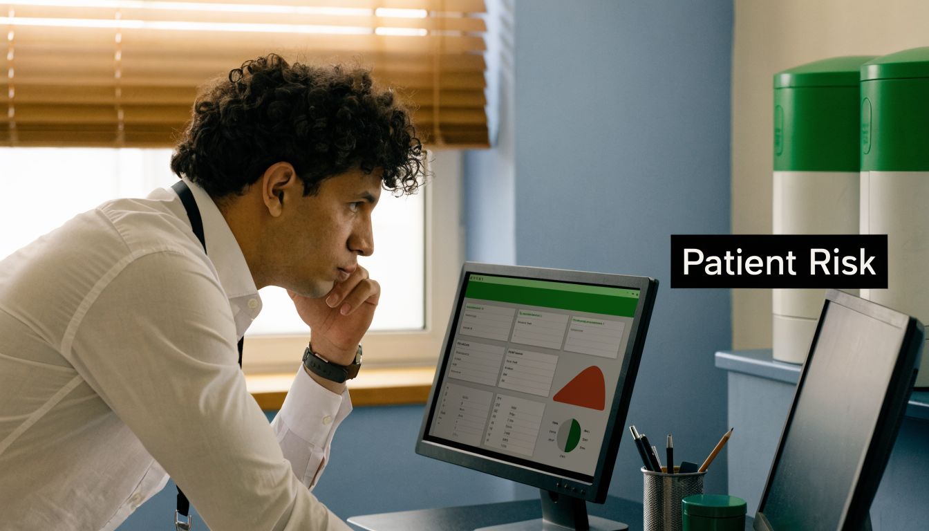 A professional man with curly hair intently examining patient risk data on a computer screen in an office.