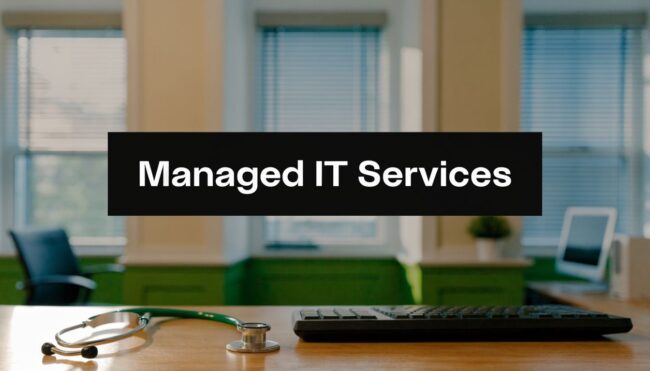Banner reads 'Managed IT Services' over a modern office desk with a keyboard, stethoscope, and laptop in the background.