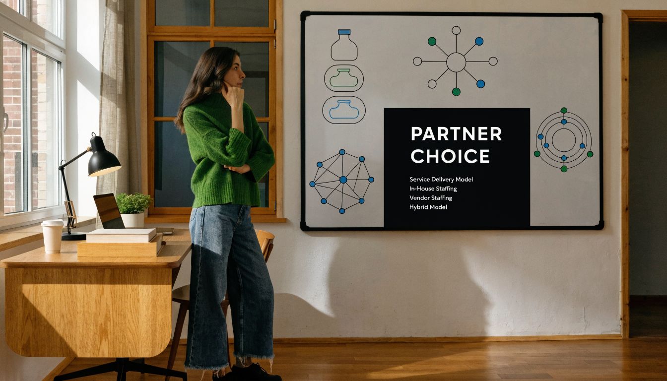 A professional woman standing in her home office, contemplating business partner options on a whiteboard presentation.
