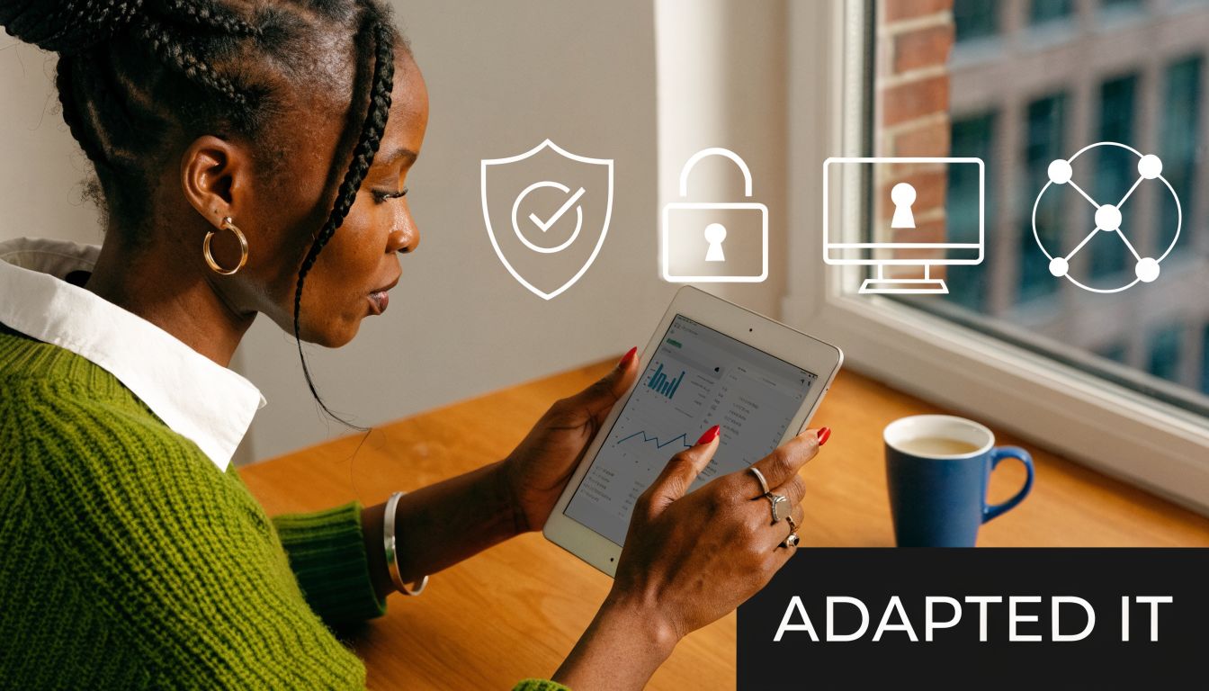 A professional woman using a tablet to review data with cybersecurity icons floating above her desk.