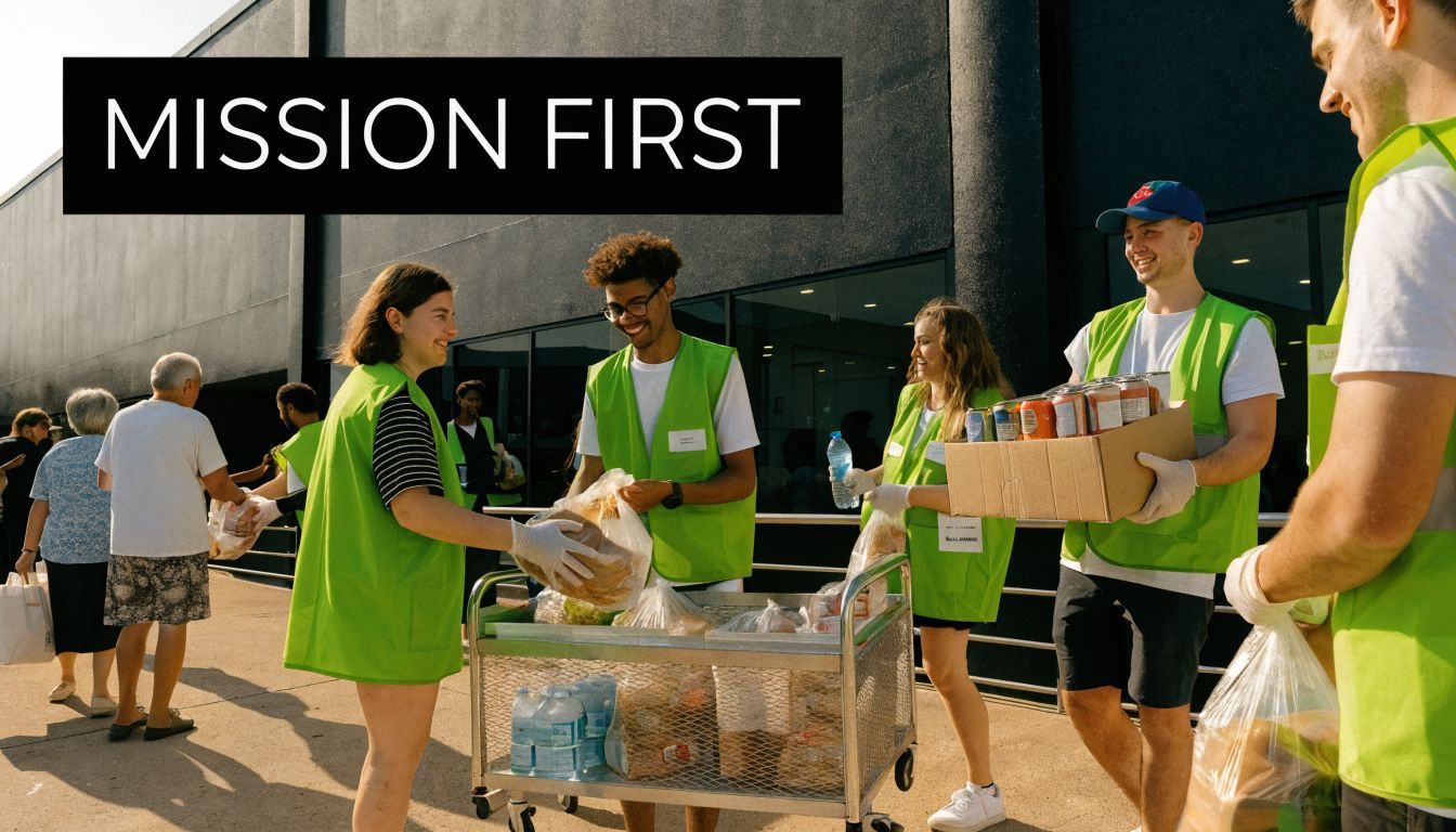 A diverse group of volunteers in neon vests distributing food supplies to people in need.