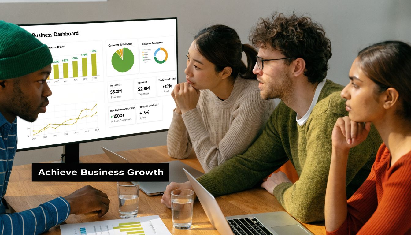 A diverse team of professionals collaborating around a screen displaying business growth charts and analytics.