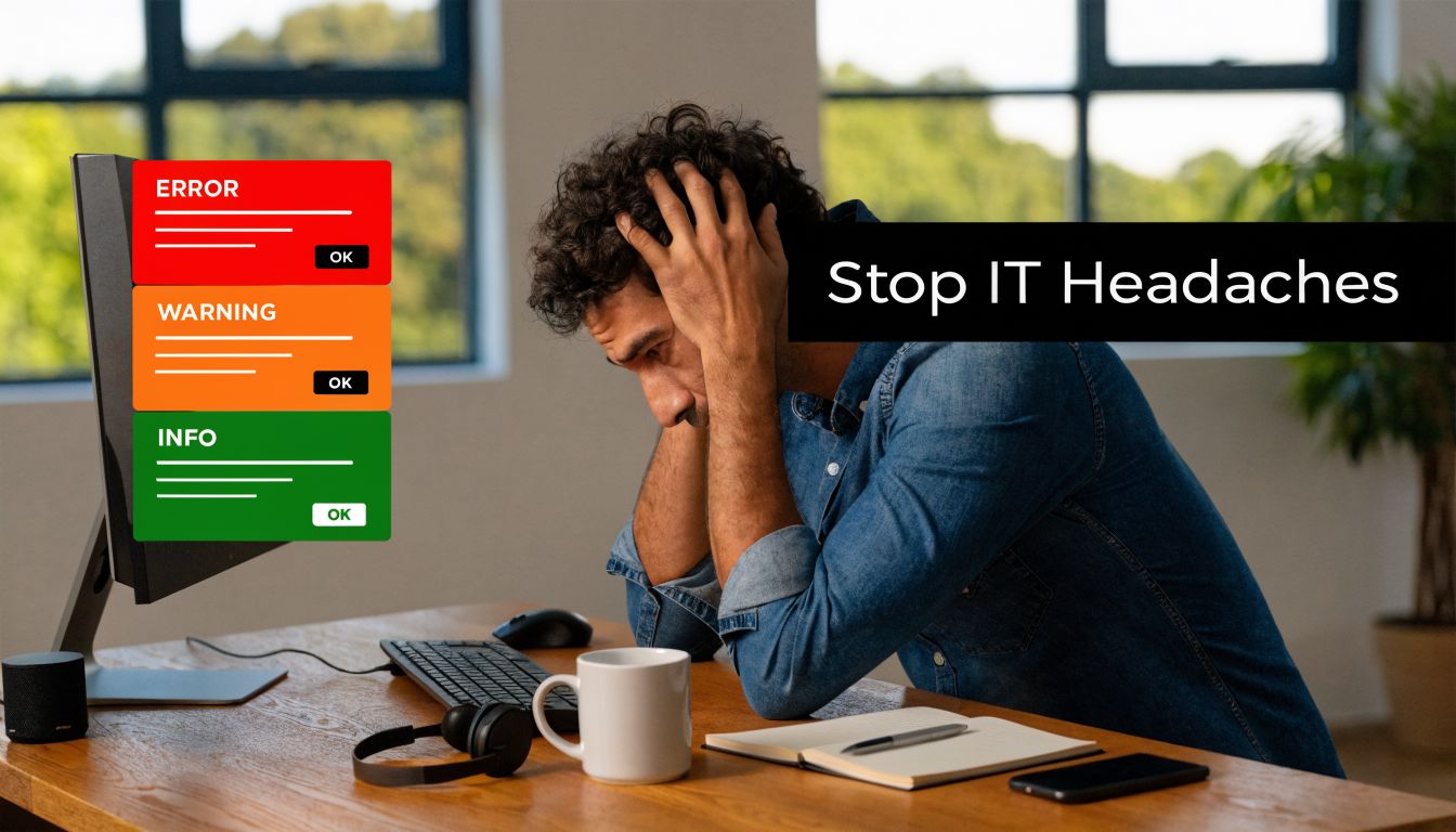 A frustrated professional at a desk with computer error notifications, illustrating the need for IT support.
