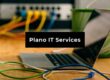 Black banner reading 'Plano IT Services' over a laptop and colorful Ethernet cables in a tech workspace