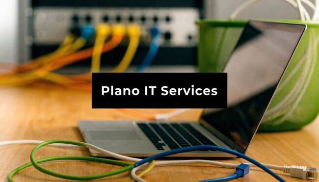 Black banner reading 'Plano IT Services' over a laptop and colorful Ethernet cables in a tech workspace