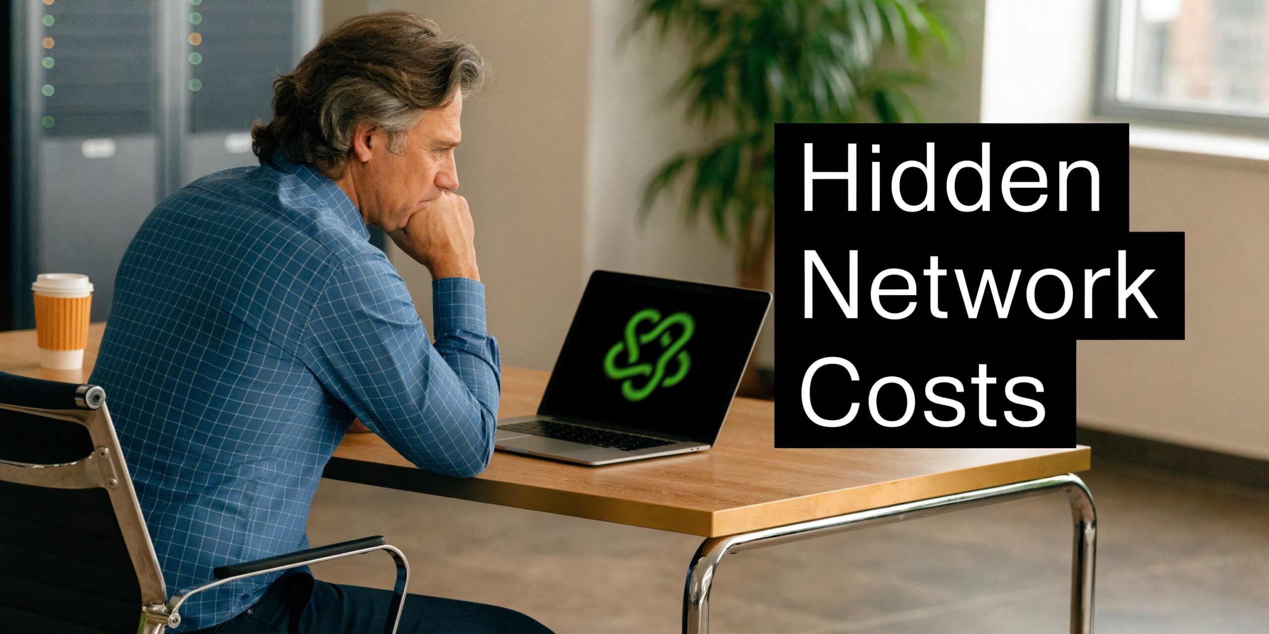 A professional man sitting at a desk and contemplating while looking at his laptop screen.