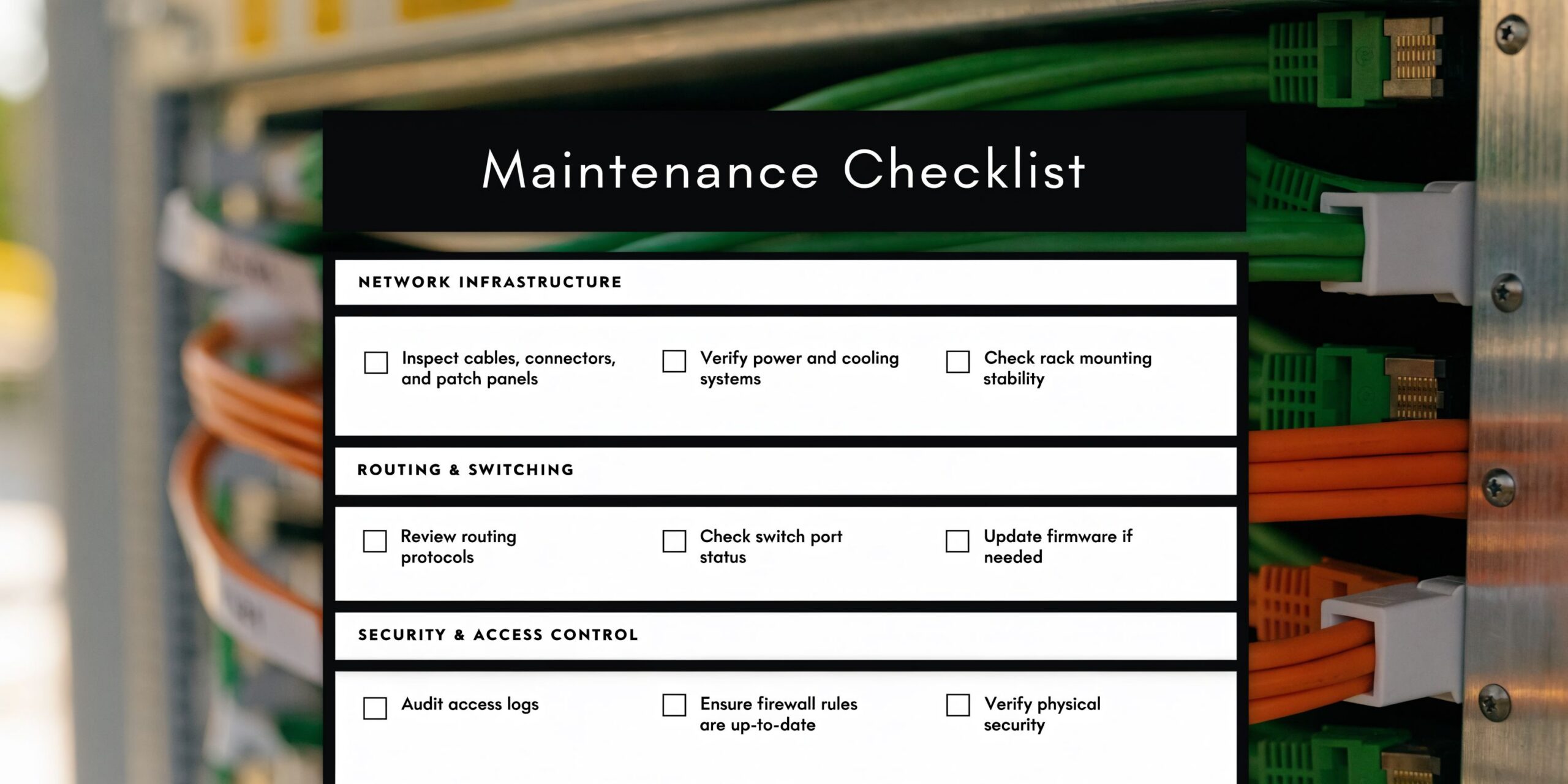 A digital maintenance checklist for network infrastructure, routing, switching, and security displayed over server equipment.