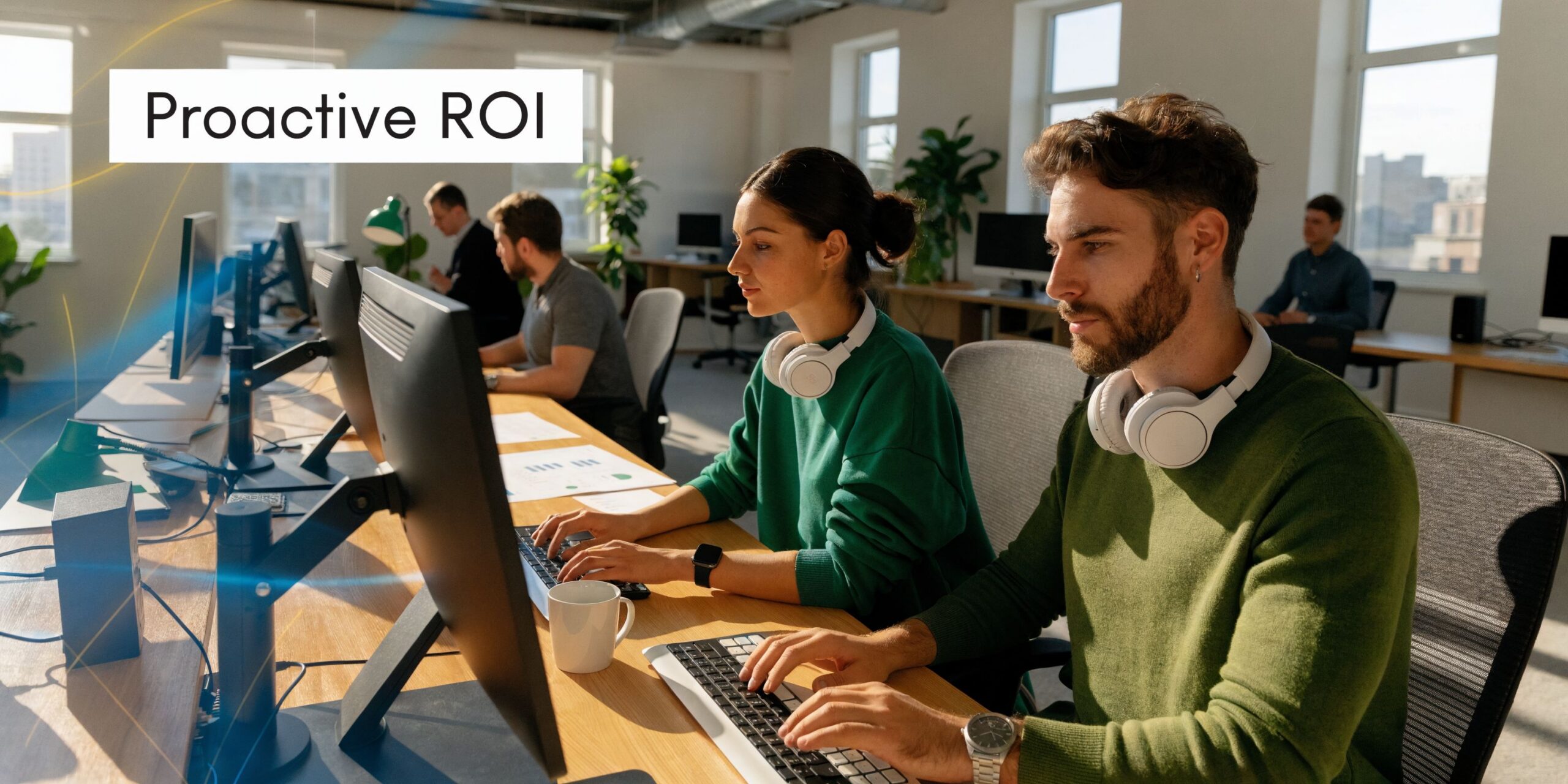 Professional team working in an office with modern computers during an IT network support and maintenance task.