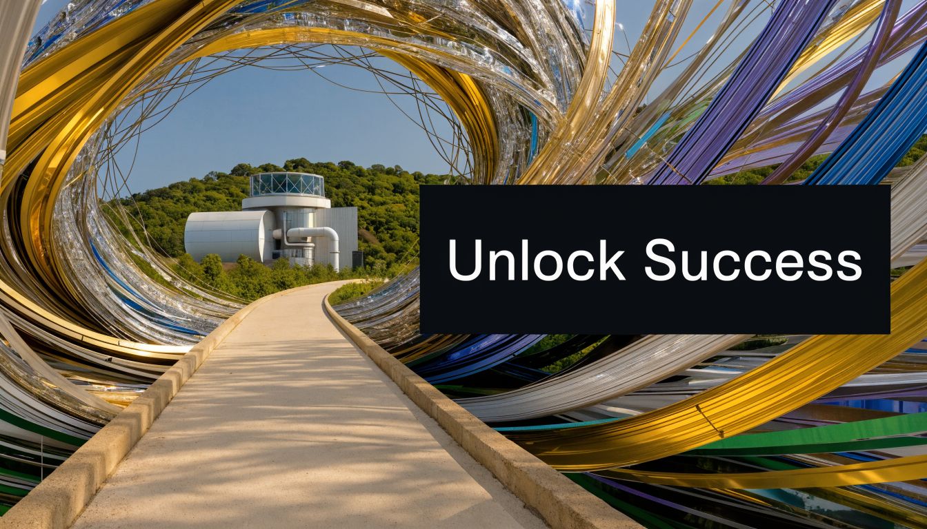 A scenic path leads toward a modern industrial facility framed by swirling abstract metallic ribbons.