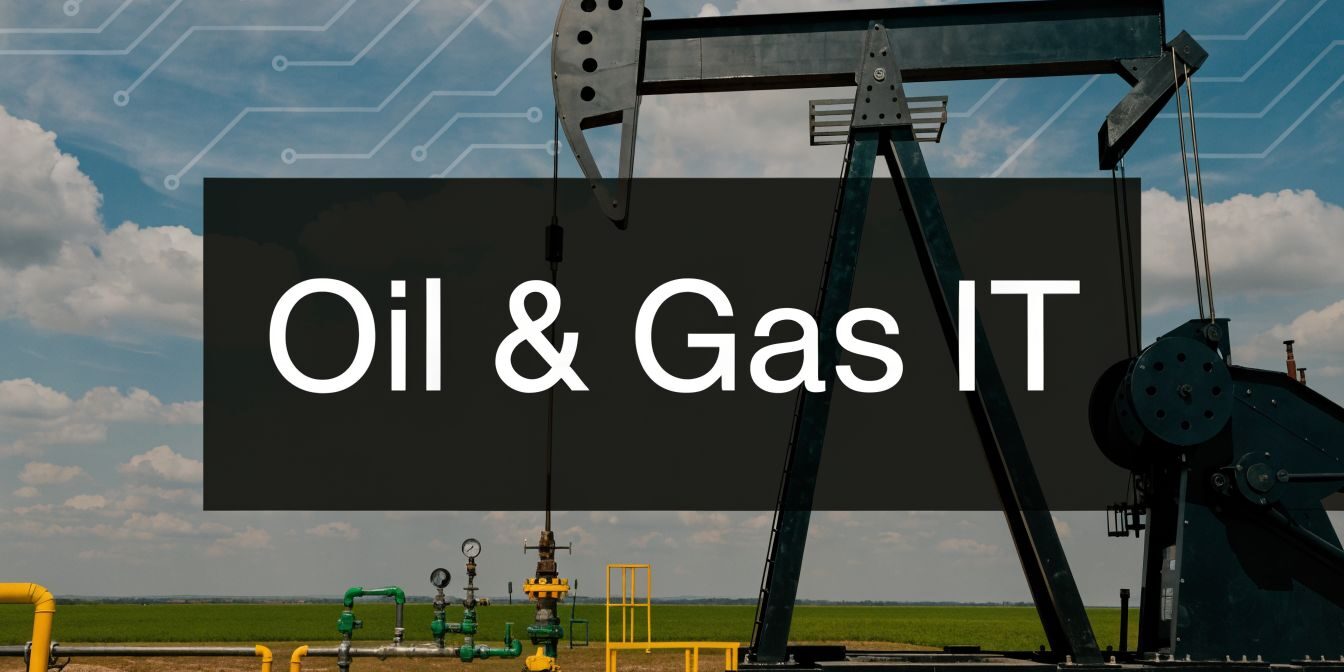 Headline graphic for Oil & Gas IT featuring an oil pump jack in a field with a dark overlay.
