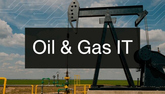 Headline graphic for Oil & Gas IT featuring an oil pump jack in a field with a dark overlay.