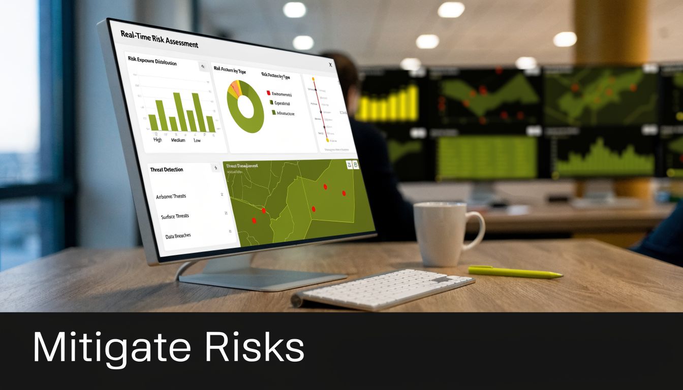 A modern computer monitor showing a real-time risk assessment dashboard in an office workspace environment.