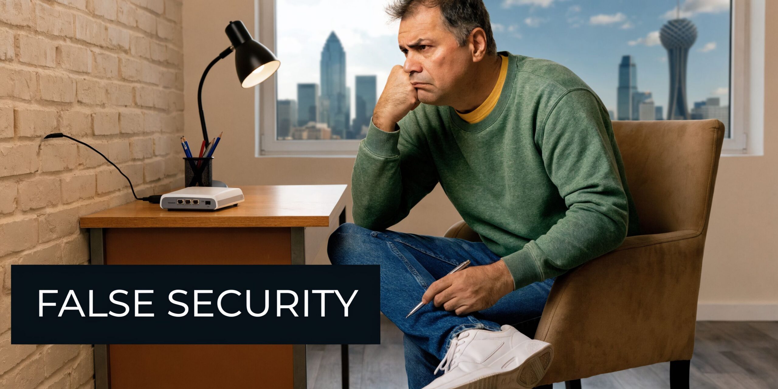 A pensive man sitting at a desk with a small business firewall router looking out a window.