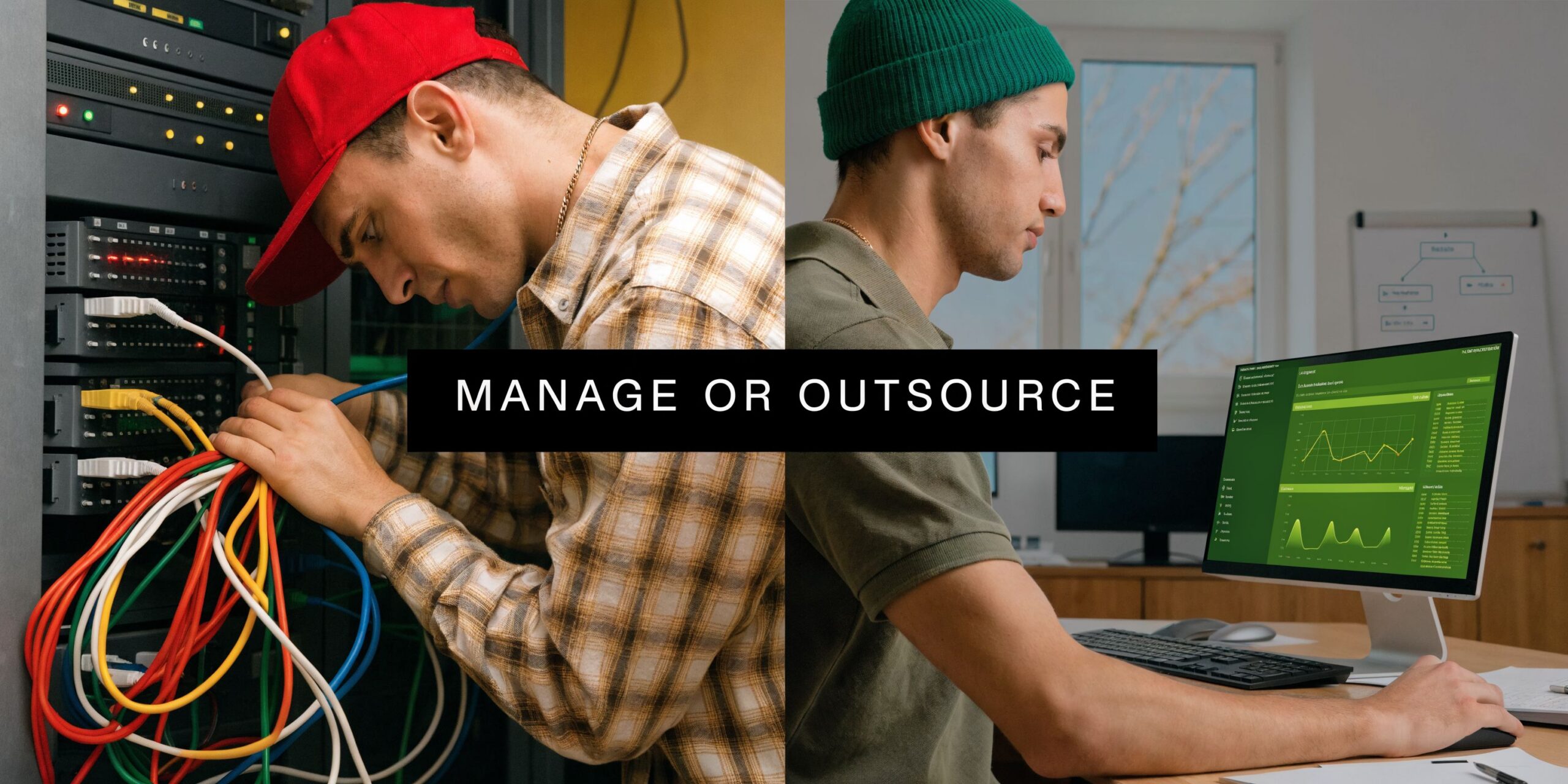 Split screen image showing an IT technician managing server cables and a specialist monitoring network firewall data.