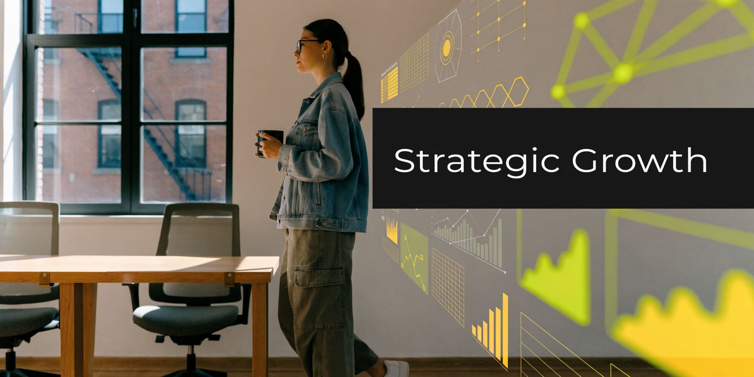 A professional woman holding a coffee cup while looking at a virtual holographic display showing data charts.