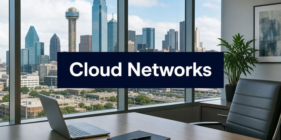 Office conference room with a city skyline view; a bold 'Cloud Networks' banner is centered across the window.