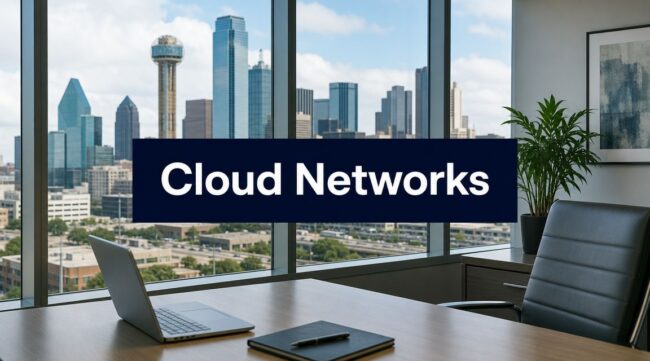 cloud-based-networks-cloud-networks Office conference room with a city skyline view; a bold 'Cloud Networks' banner is centered across the window.