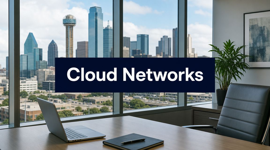 Office conference room with a city skyline view; a bold 'Cloud Networks' banner is centered across the window.