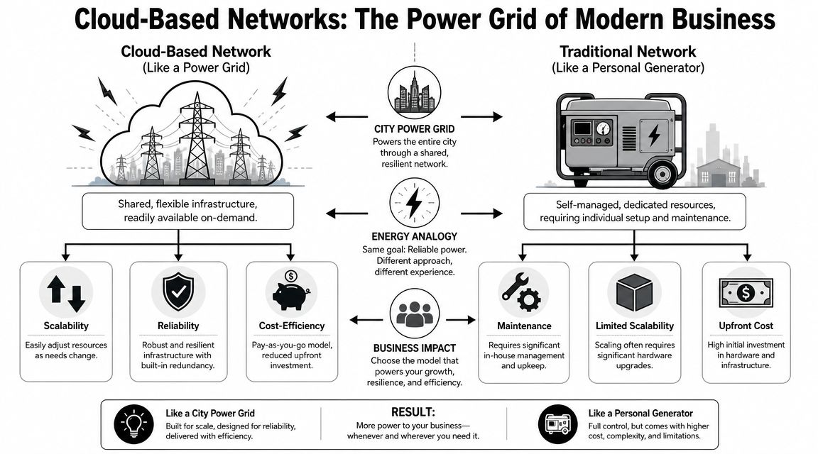 An infographic comparing cloud-based networks to a city power grid versus traditional networks as personal generators.