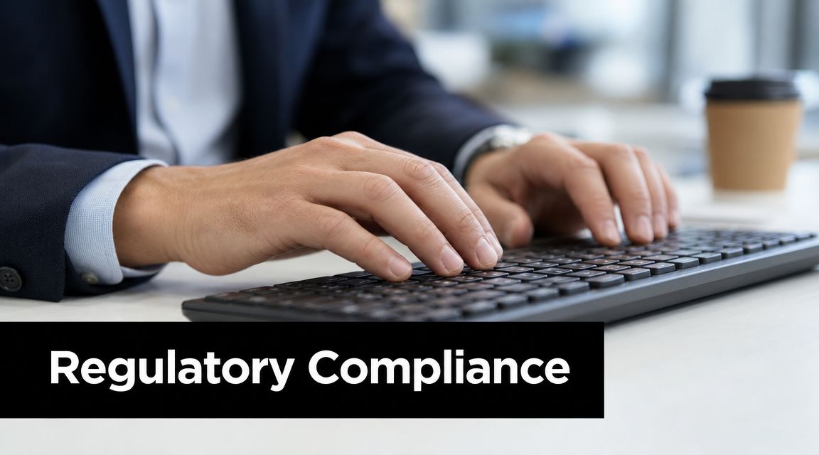 A professional in a business suit typing on a computer keyboard with regulatory compliance text overlay.