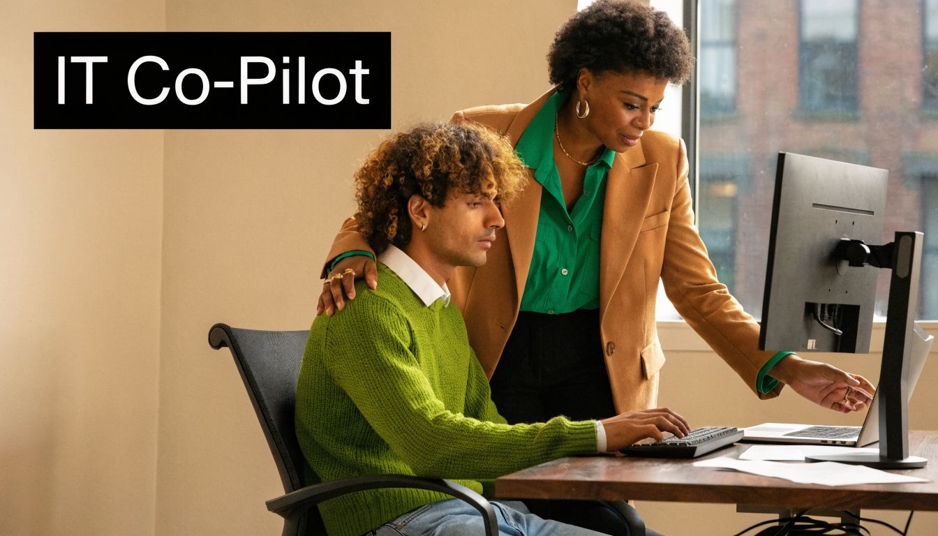 A professional manager provides guidance and support to an employee working on a computer at an office desk.