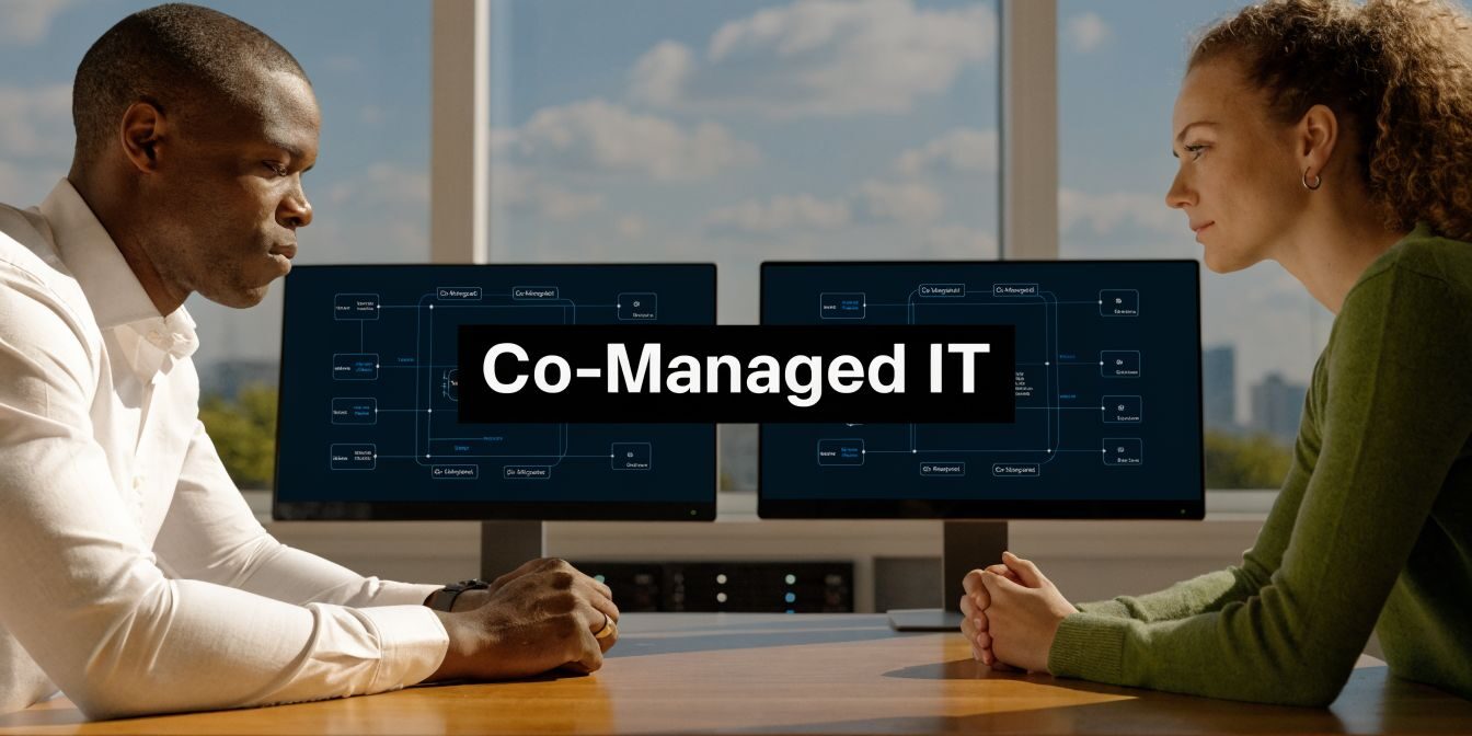 co-managed-it-support-professional-collaboration Two professionals sit at a wooden table facing dual monitors displaying IT diagrams with a bold 'Co-Managed IT' banner across the center (informative).