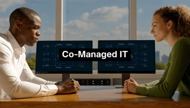 co-managed-it-support-professional-collaboration Two professionals sit at a wooden table facing dual monitors displaying IT diagrams with a bold 'Co-Managed IT' banner across the center (informative).