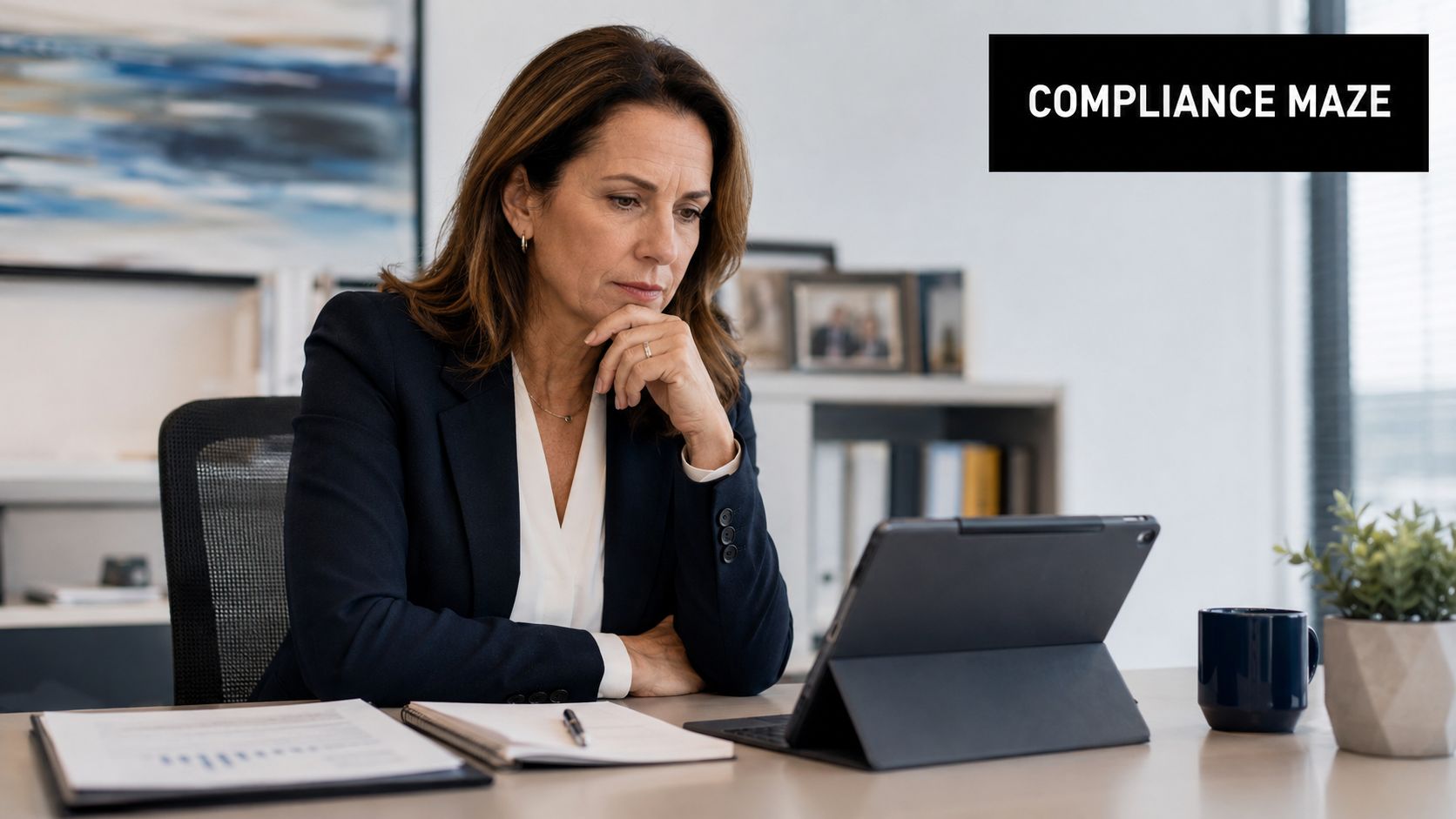 A professional woman in a suit looking thoughtfully at a tablet screen while working in her office.