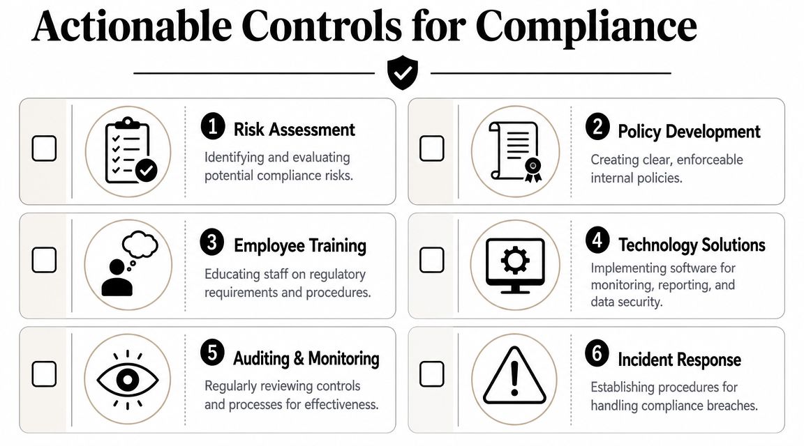 A diagram outlining six essential actionable controls for organizational compliance, including risk assessment, training, and monitoring processes.