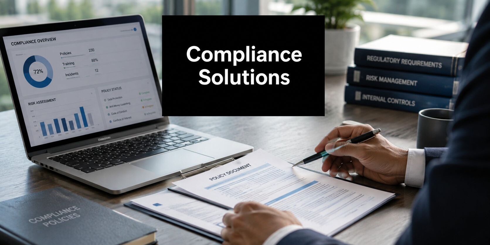compliance-solutions-for-financial-services-compliance-management Policy documents on a desk with a laptop showing charts, a hand signing a form; center banner reads Compliance Solutions.