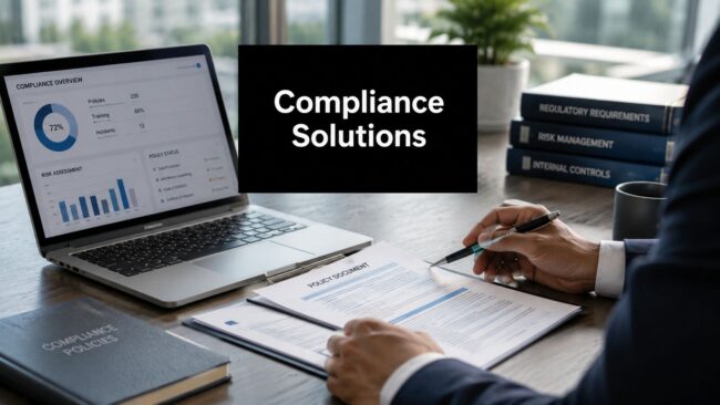 compliance-solutions-for-financial-services-compliance-management Policy documents on a desk with a laptop showing charts, a hand signing a form; center banner reads Compliance Solutions.