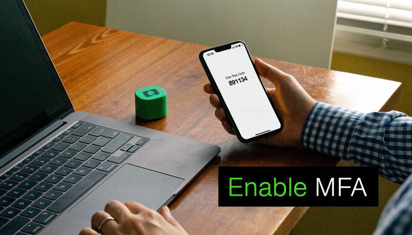 A person setting up multi-factor authentication on a smartphone while working at a laptop on a wooden desk.