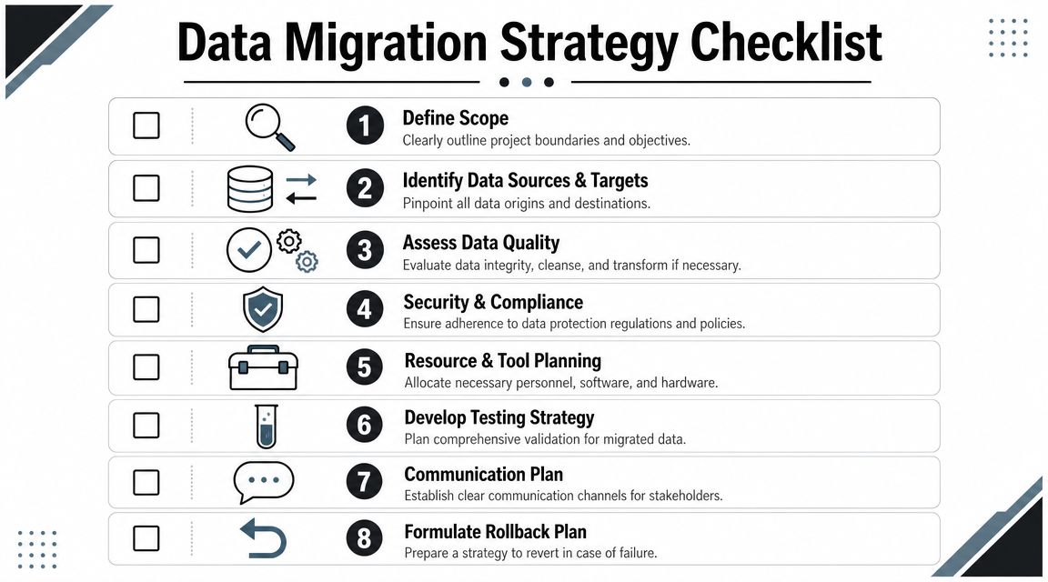 A professional checklist for data migration strategy outlining eight essential steps for successful data project planning.
