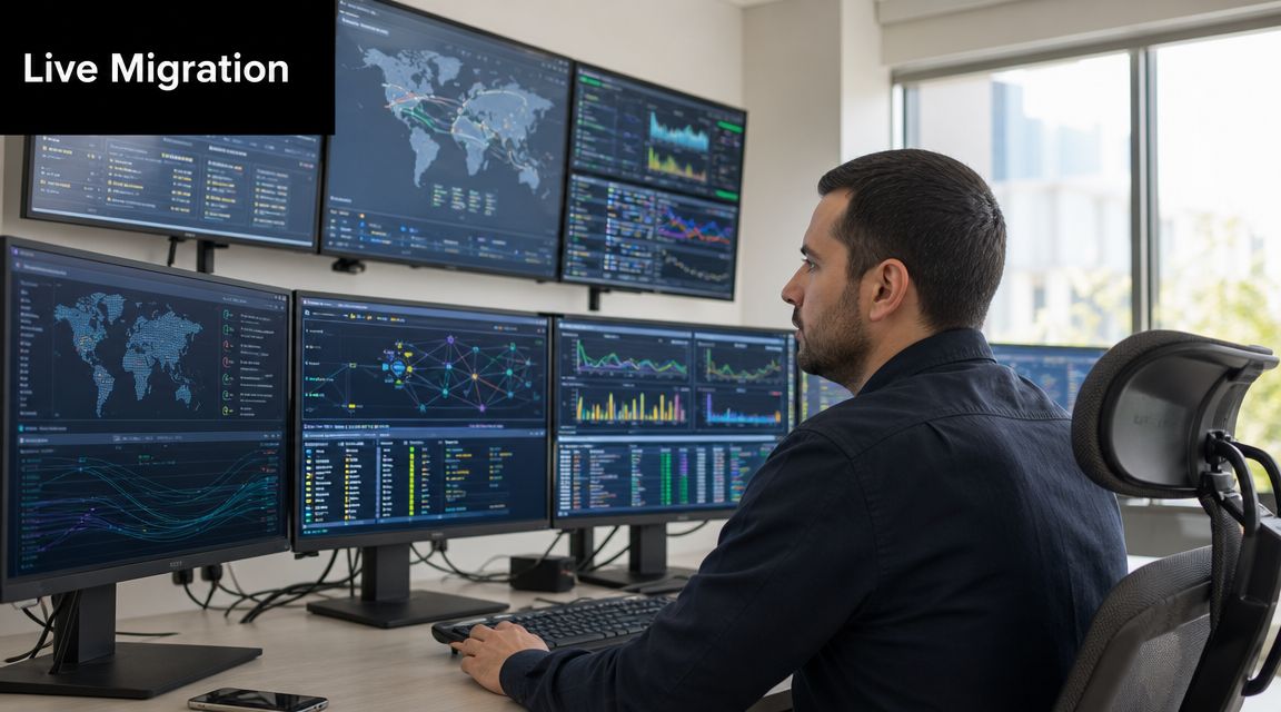 A professional IT specialist monitoring live migration processes on multiple high-tech computer screens in an office.