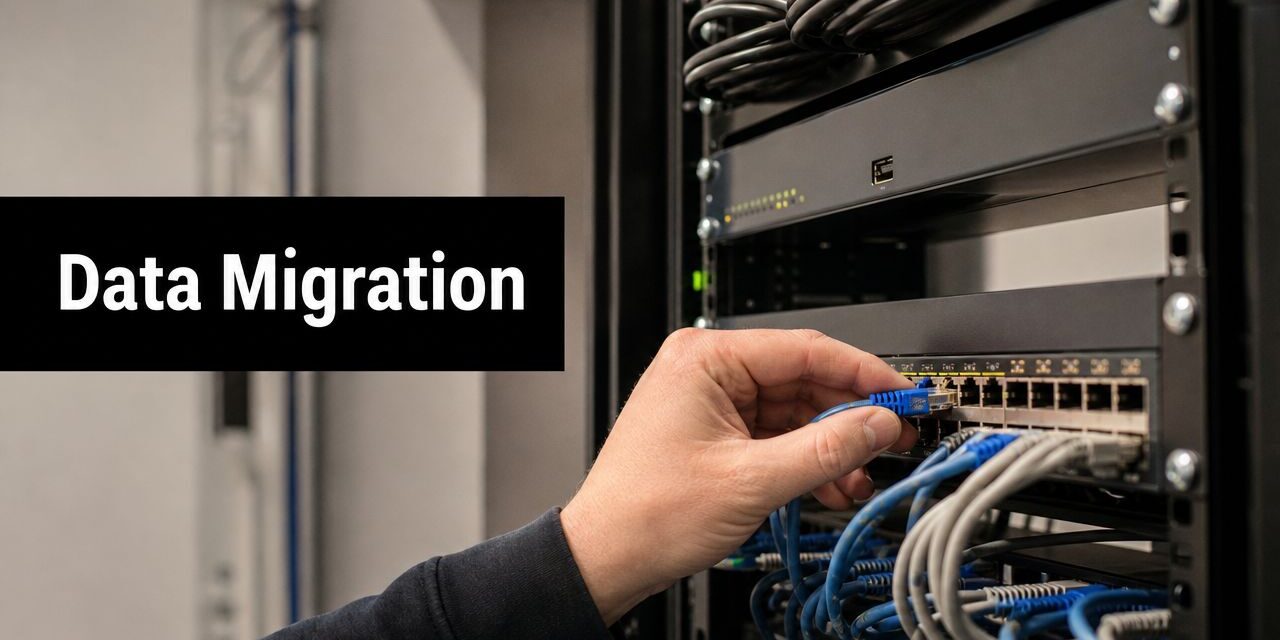 data-migration-procedure-server-rack Person connects a blue Ethernet cable to a network switch inside a server rack for data migration setup.