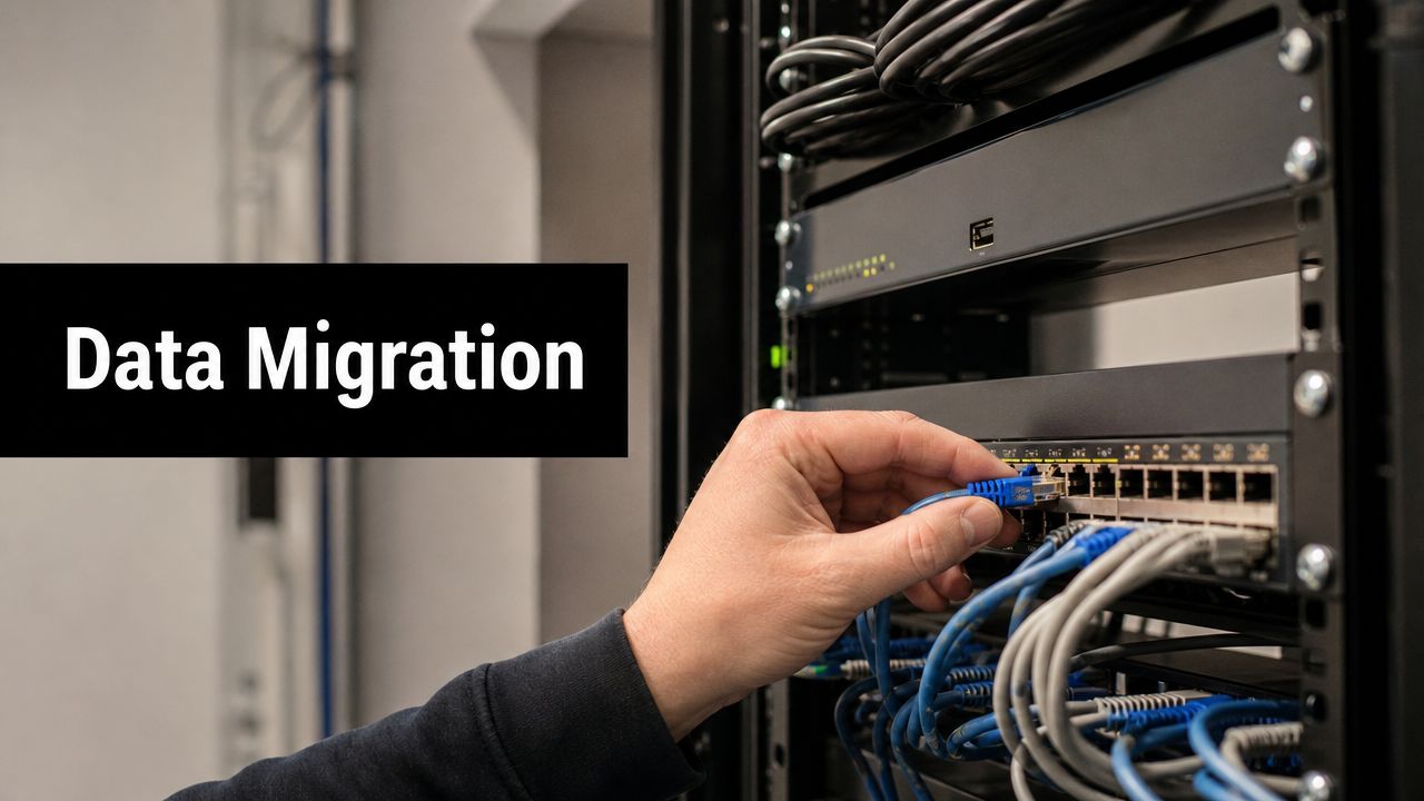 Person connects a blue Ethernet cable to a network switch inside a server rack for data migration setup.