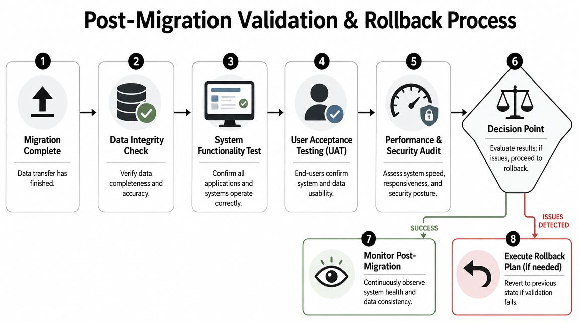 An infographic showing the 8-step post-migration validation and rollback process for system data migration.