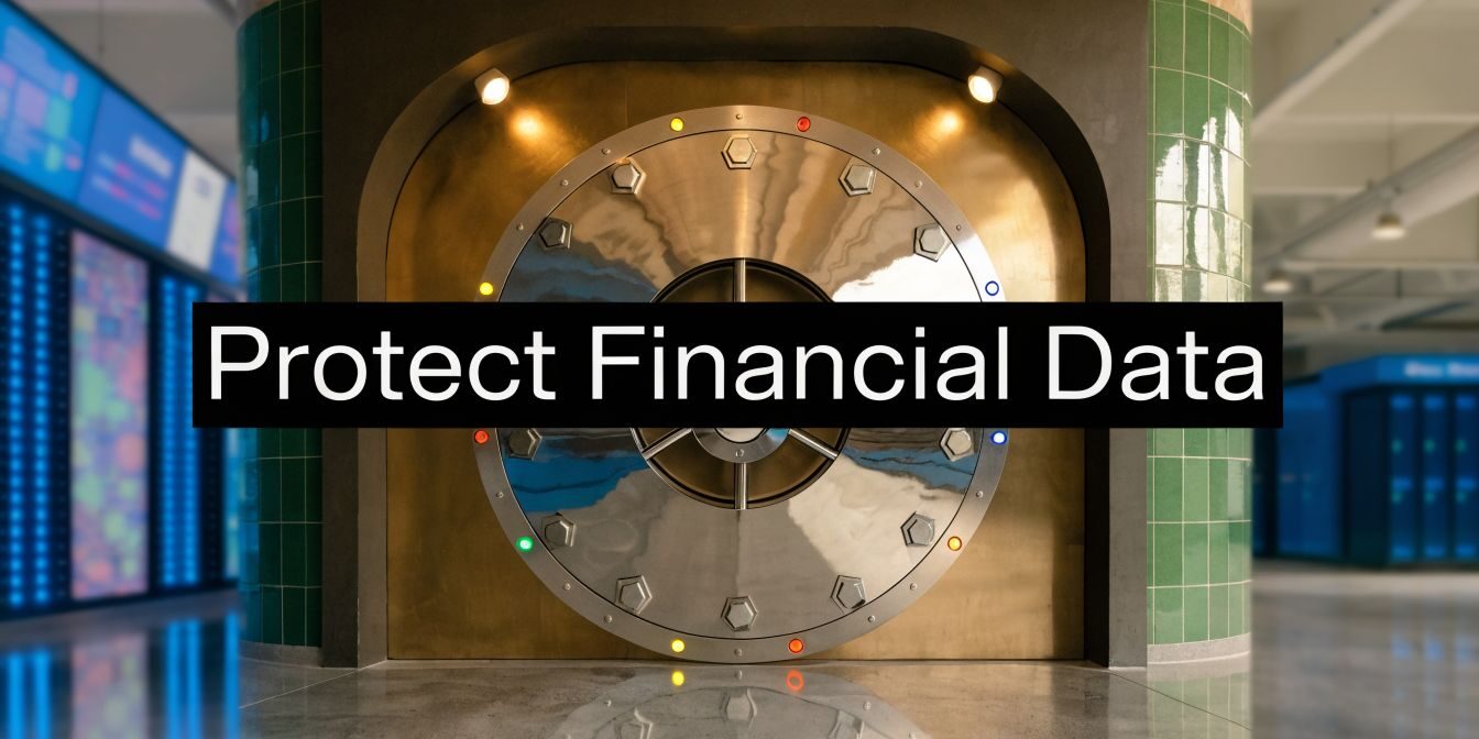 data-protection-for-financial-services-bank-vault A large metallic vault door in a data center with the caption 'Protect Financial Data' across the middle.