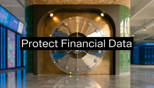 A large metallic vault door in a data center with the caption 'Protect Financial Data' across the middle.