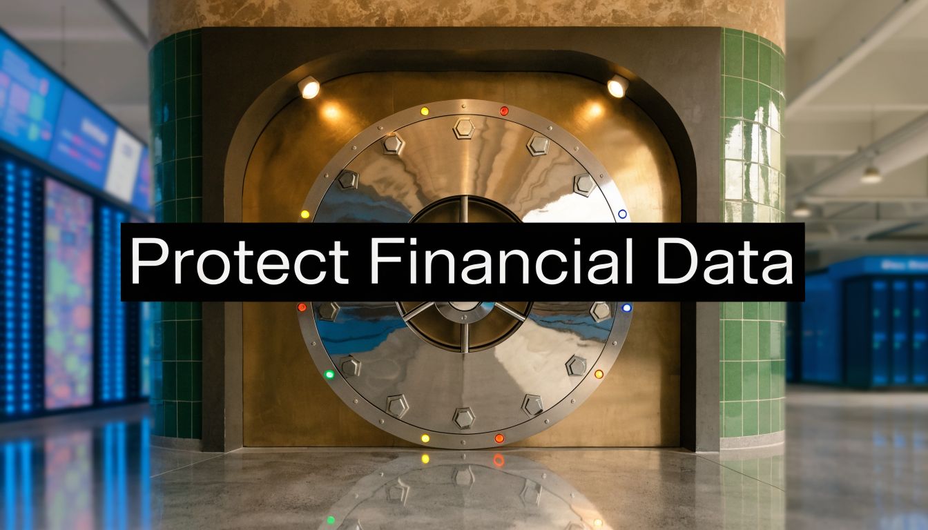 A large metallic vault door in a data center with the caption 'Protect Financial Data' across the middle.