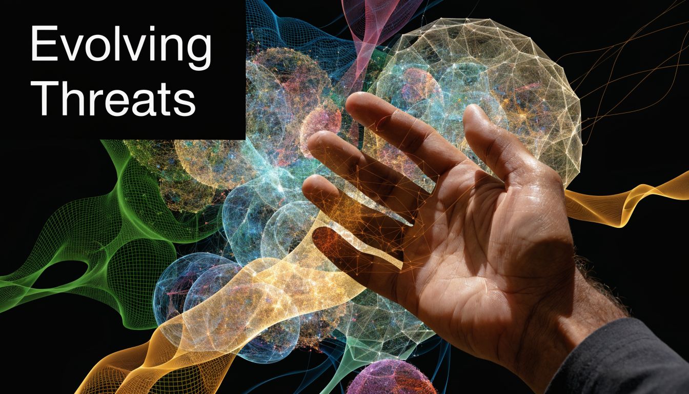 A human hand reaching toward a complex, glowing digital sphere representing network data and evolving cyber threats.