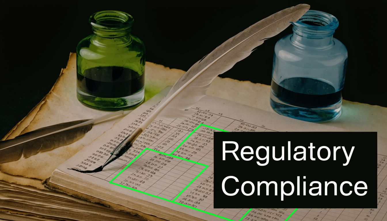 A feather quill pen lies on an old ledger next to ink bottles, highlighting regulatory compliance concepts.