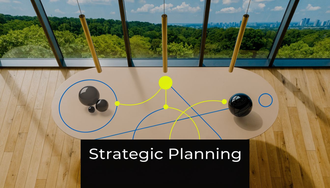 A top-down view of a modern conference table with geometric graphics illustrating strategic planning concepts.